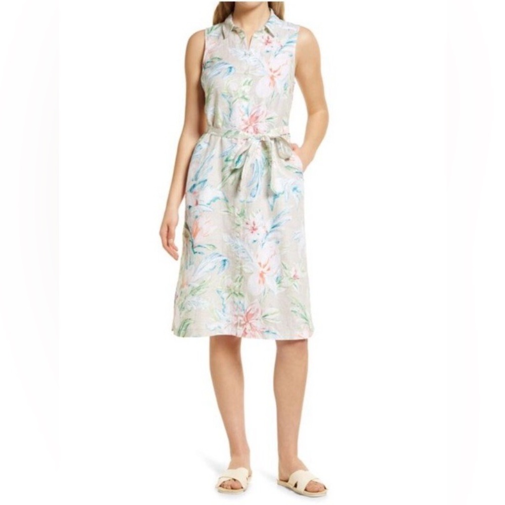 Tommy Bahama Maya Meadow Linen Tropical Floral Sleeveless Midi Shirt Dress Large